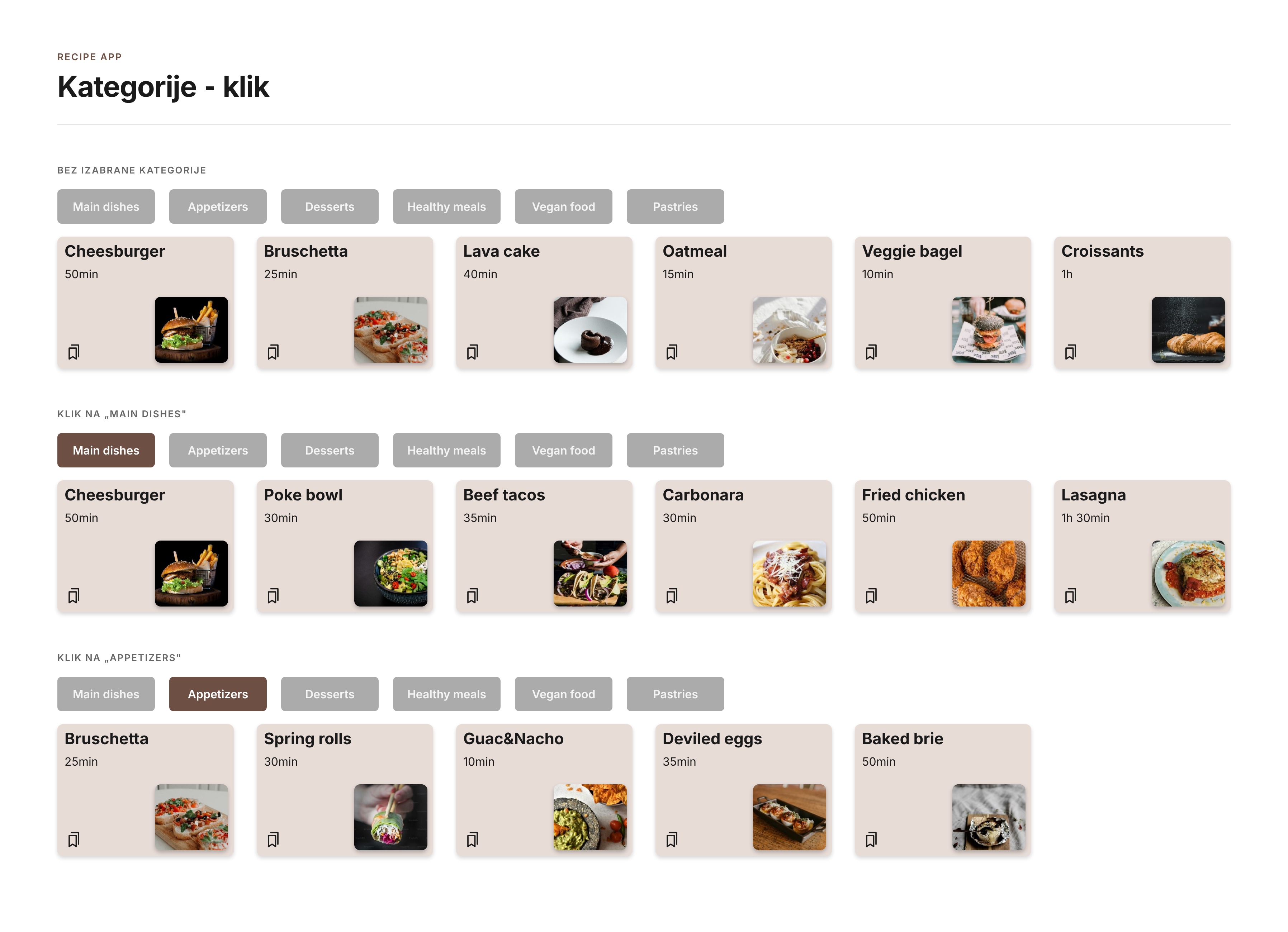 Category filter states: no category selected, Main dishes selected and Appetizers selected, each with its recipe cards, preview