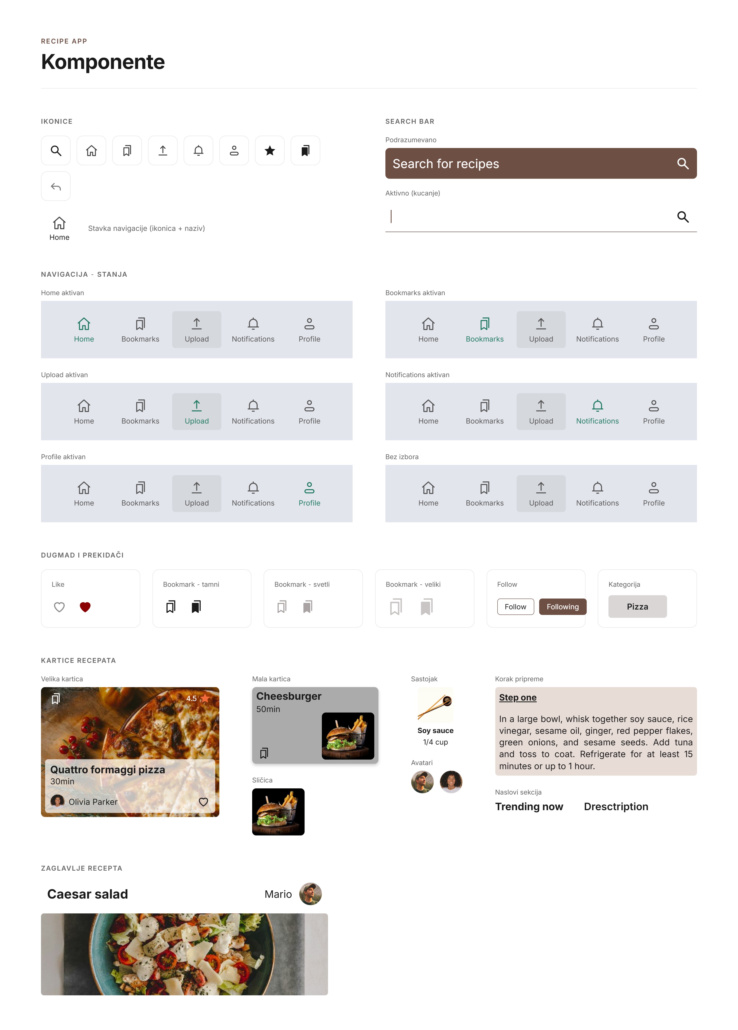 Recipe app component sheet: icons, search bar, navigation states, buttons and toggles, recipe cards and recipe header, preview