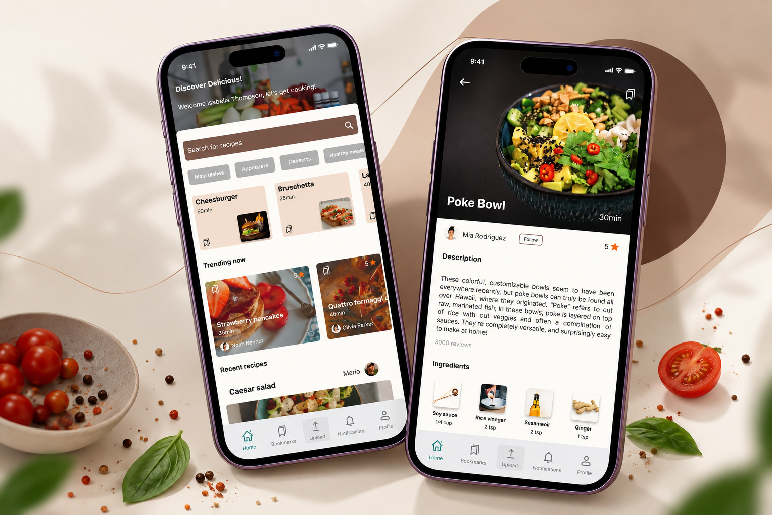 Cooking app screens shown on two phones
