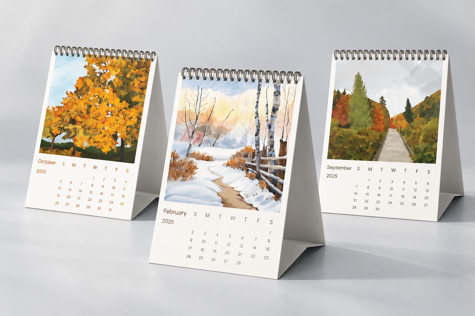 Three desk calendar pages for October, February and September 2025, each with a watercolour landscape
