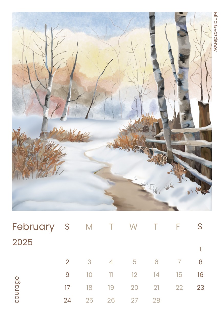 Desk calendar page for February 2025