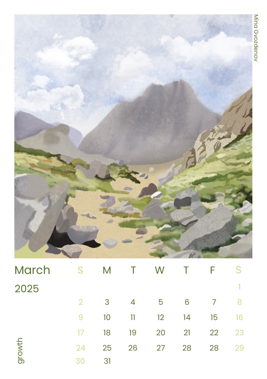 Desk calendar page for March 2025