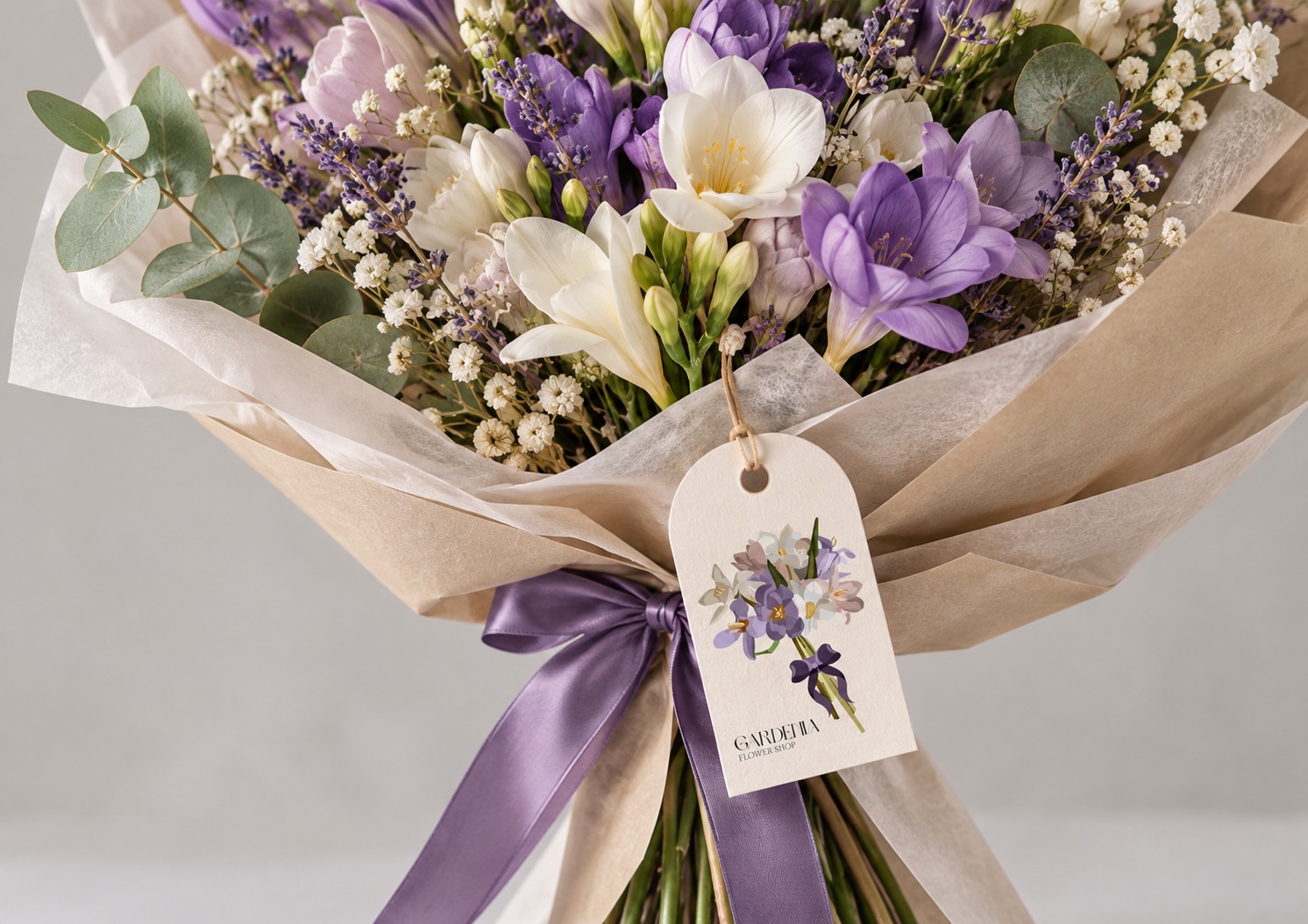 A bouquet of freesias and lavender wrapped in paper, with the illustrated Gardenia flower shop tag tied on with a purple ribbon