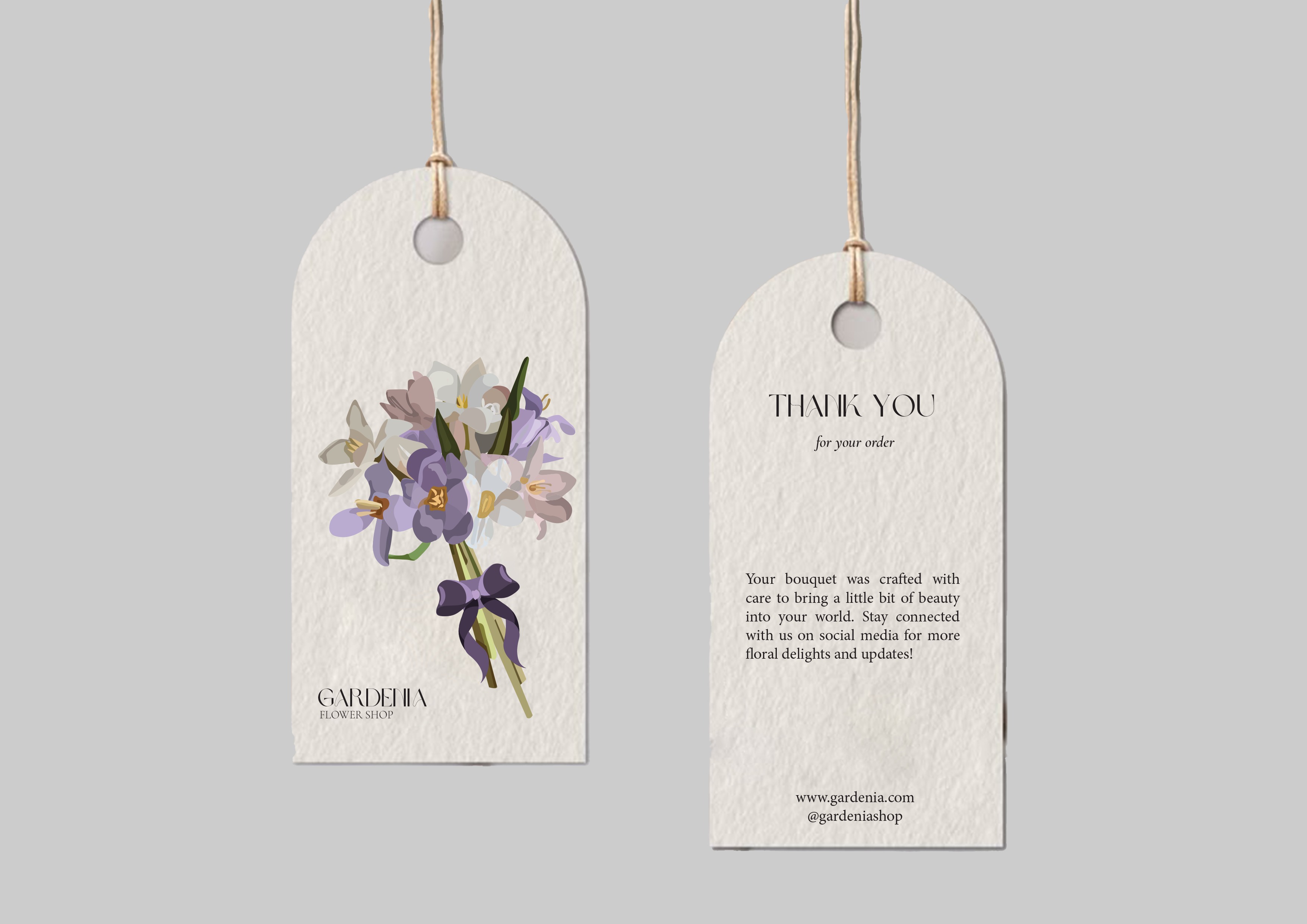 Front and back of the Gardenia gift tag: the illustrated bouquet and the thank you note