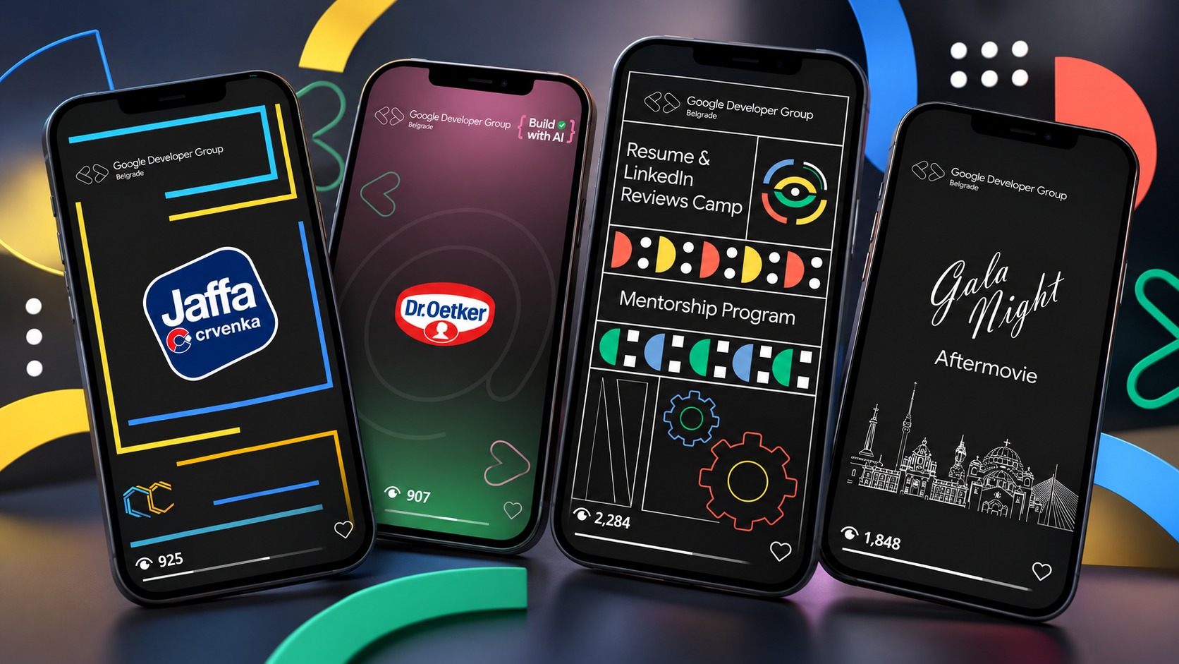 Google Developer Group Belgrade social media work shown on four phones: Jaffa Crvenka and Dr. Oetker partner posts, Resume and LinkedIn Reviews Camp, and Gala Night aftermovie