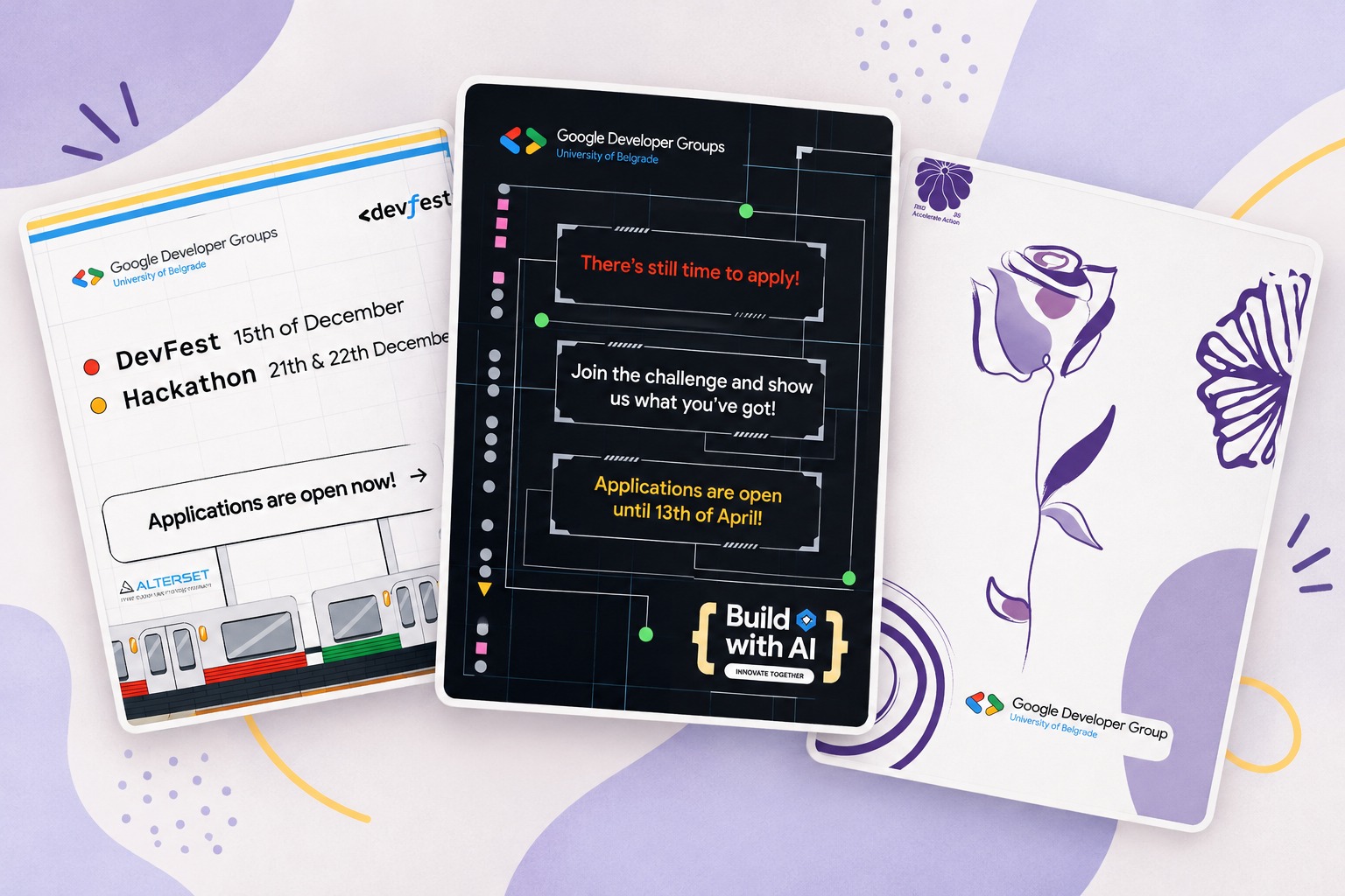 GDG on Campus Belgrade designs: DevFest and Hackathon announcement, Build with AI application post and a Women's Day illustration