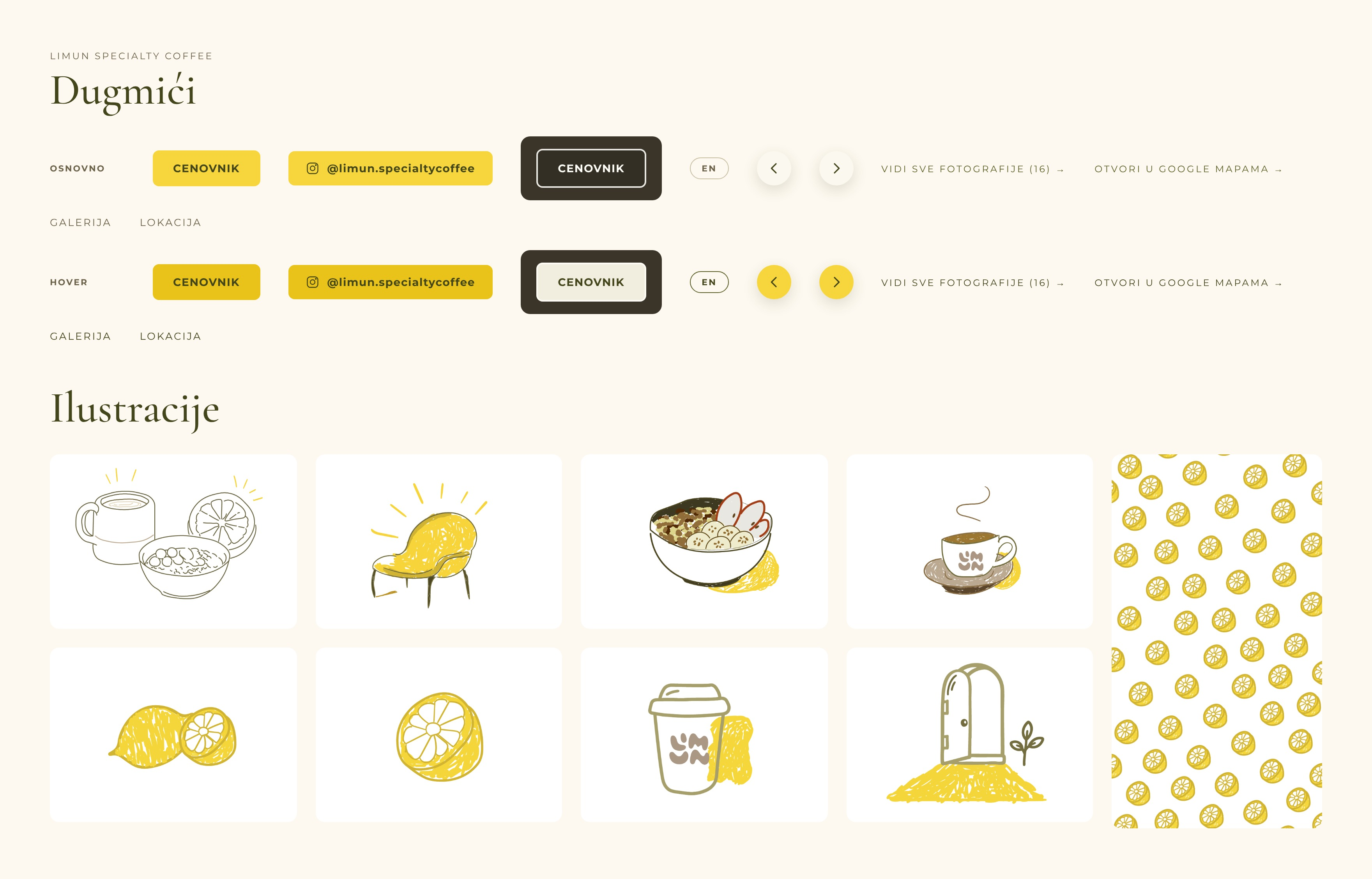 Limun button styles in default and hover states, and hand-drawn illustrations: coffee cups, lemons, a chair, a granola bowl, a takeaway cup, a door and a lemon pattern