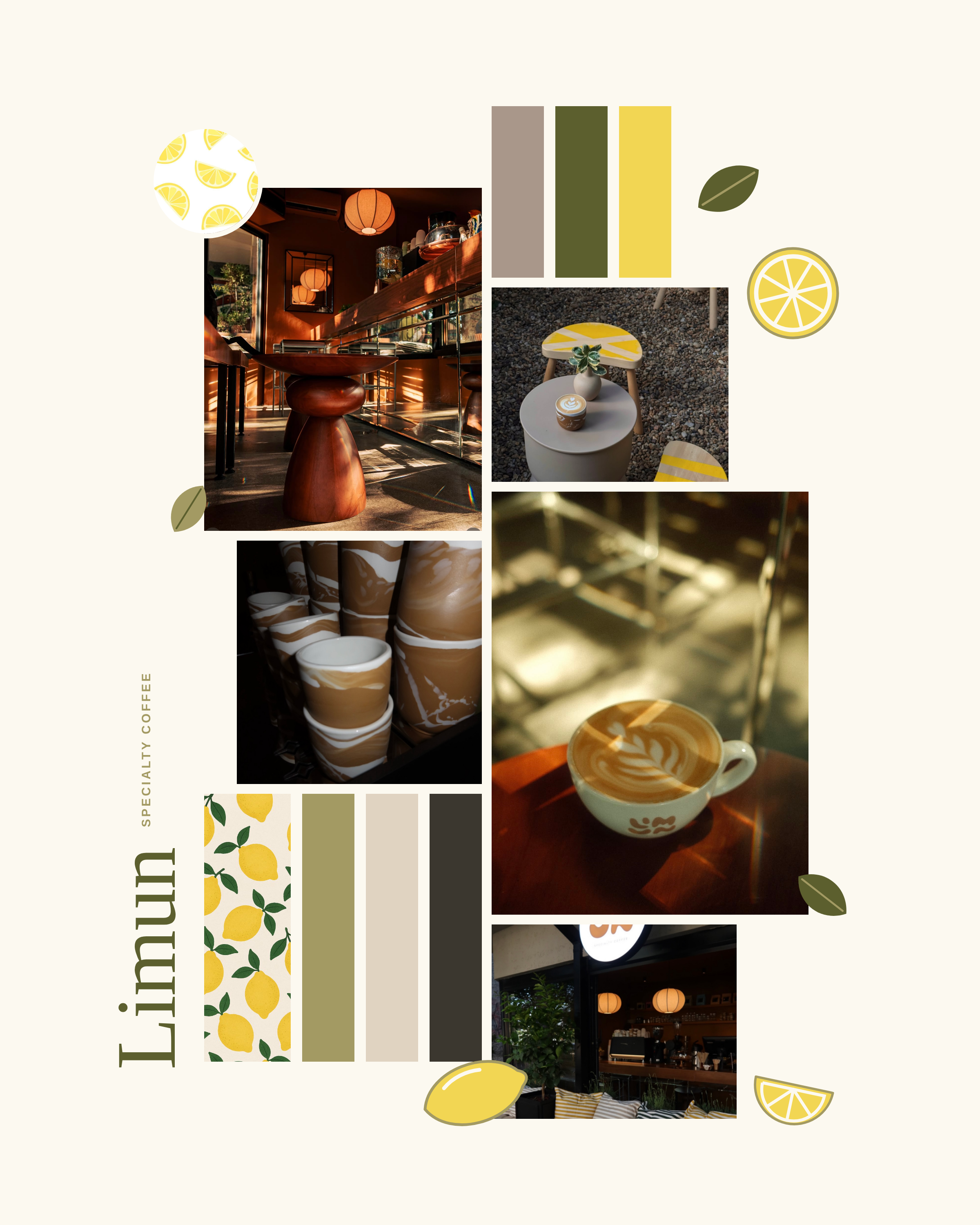 Limun moodboard: photos of the café interior, garden, cups and coffee, with colour swatches and lemon illustrations