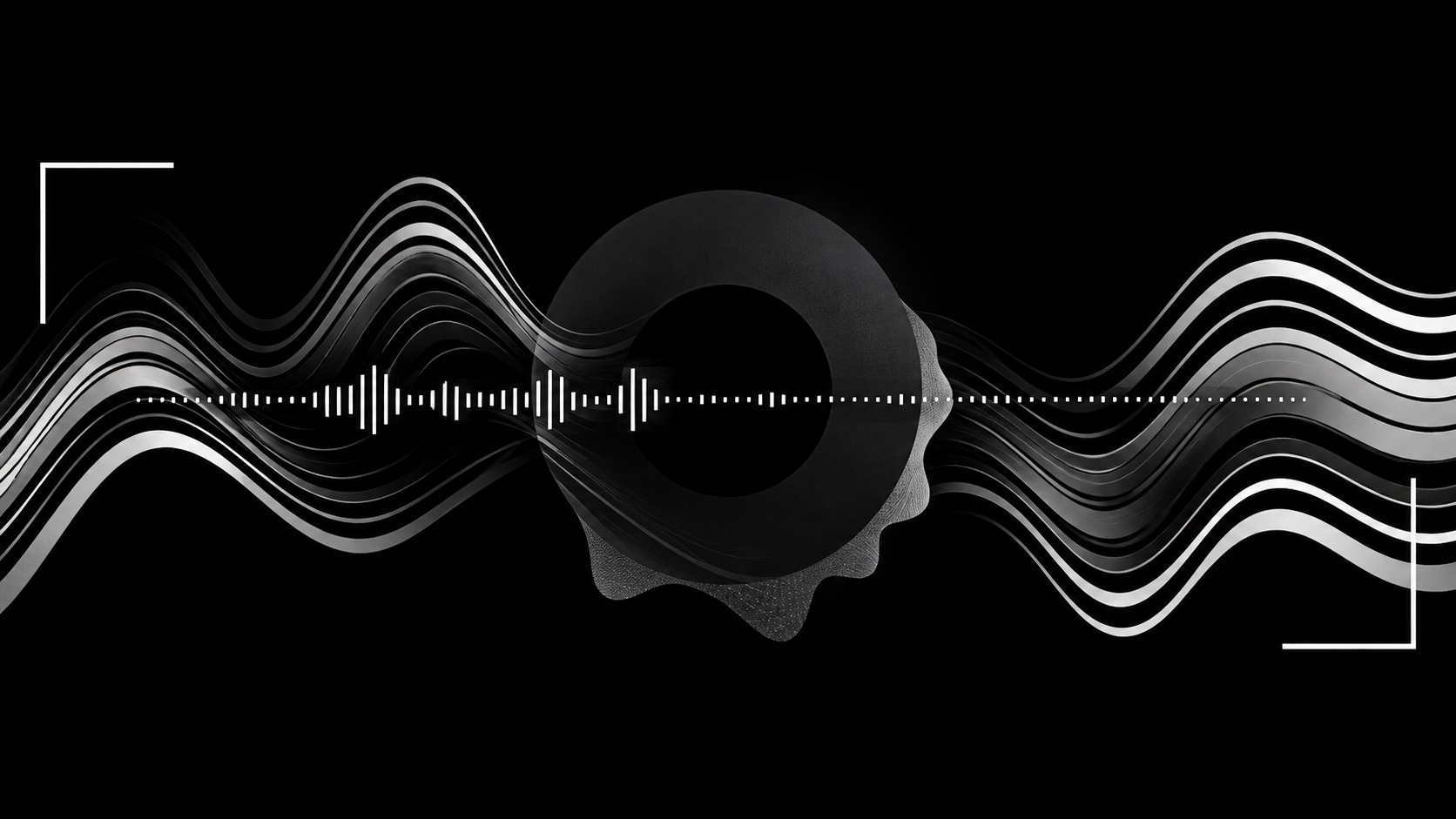 Black and white motion graphic with flowing sound waves and an audio waveform around a dark circle