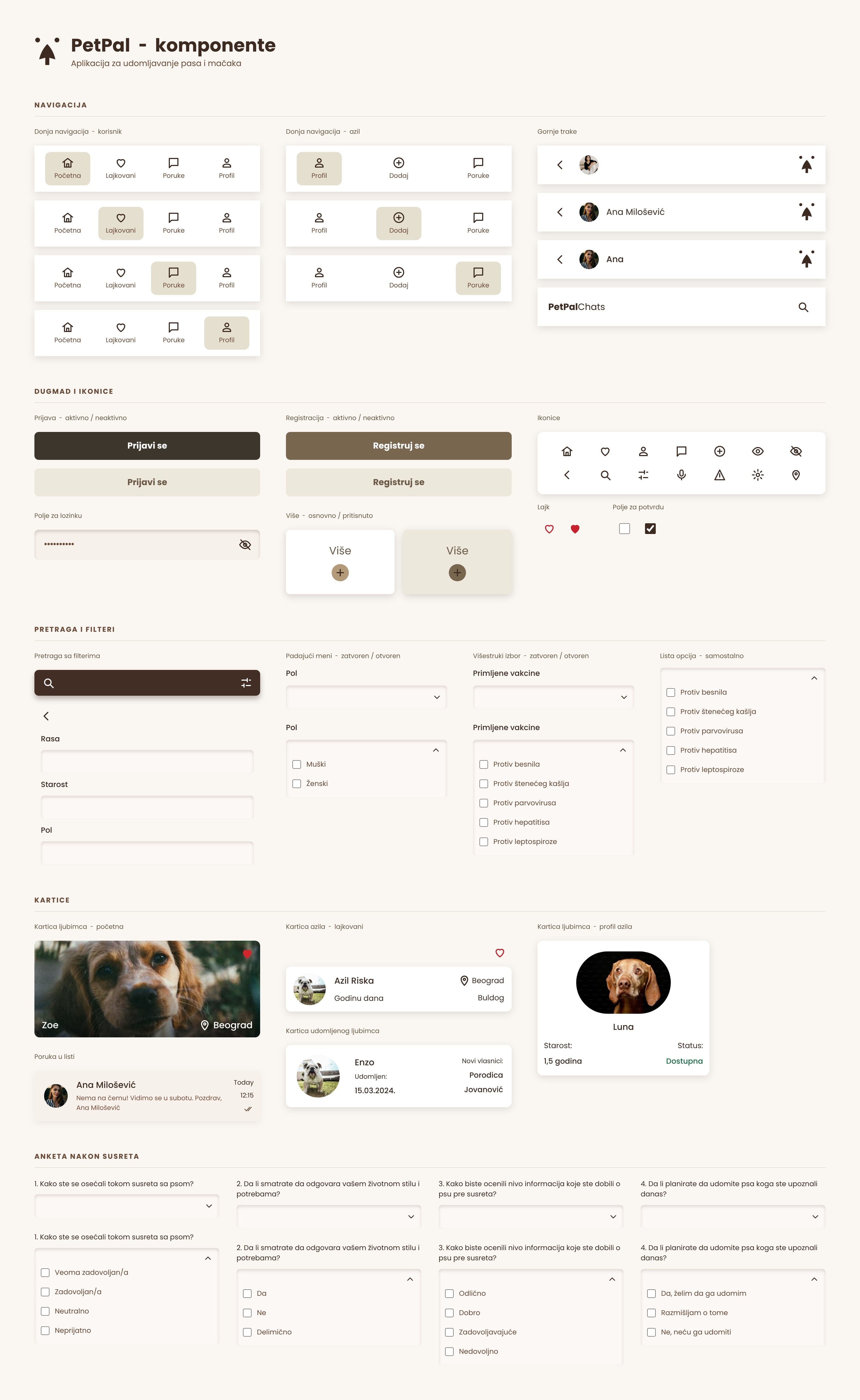 PetPal component sheet: navigation bars, buttons and icons, search and filters, cards and the post-meeting survey, preview