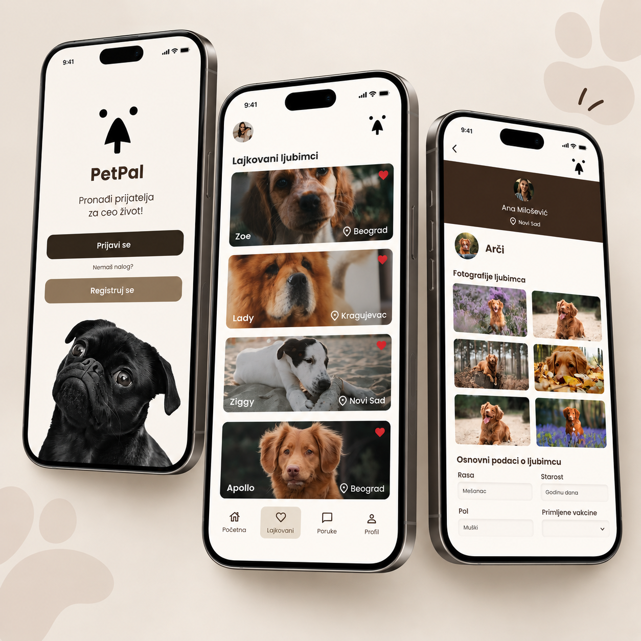 PetPal dog adoption app screens shown on three phones