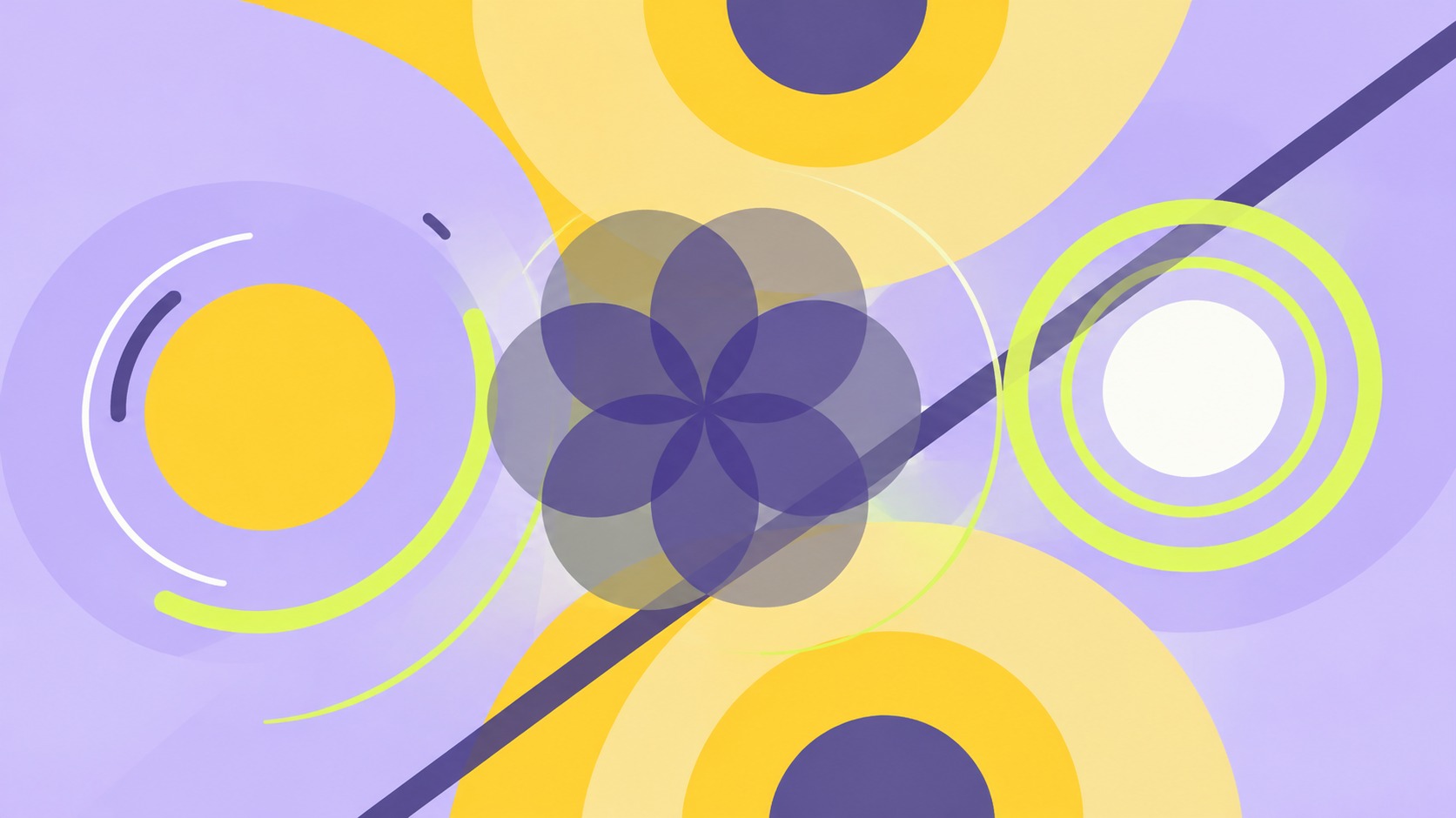 Abstract motion graphic in lilac, yellow and lime with overlapping circles and a flower shape at the centre