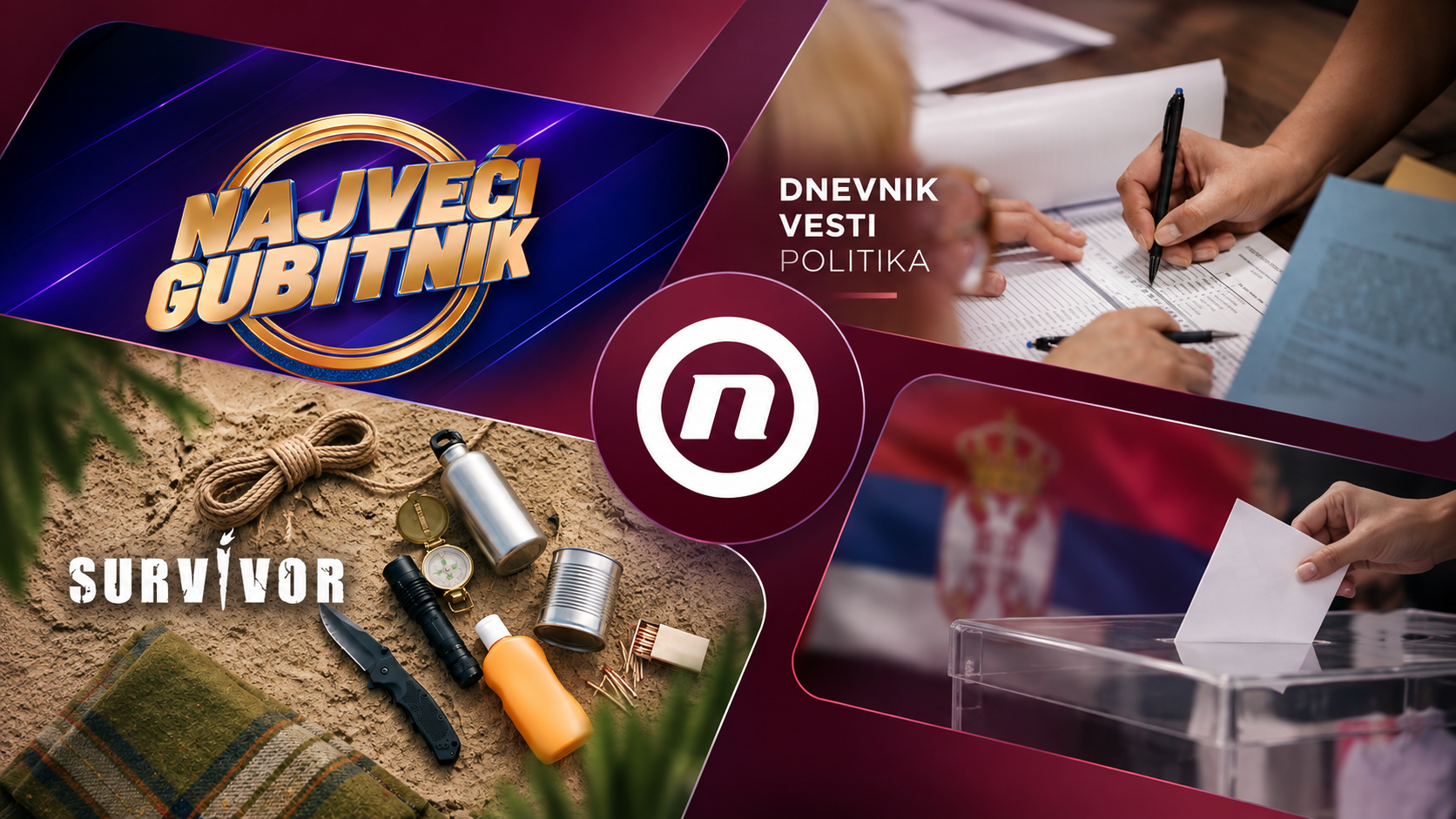 TV Nova social media cover: show artwork for Najveći gubitnik and Survivor next to news graphics, around the Nova logo