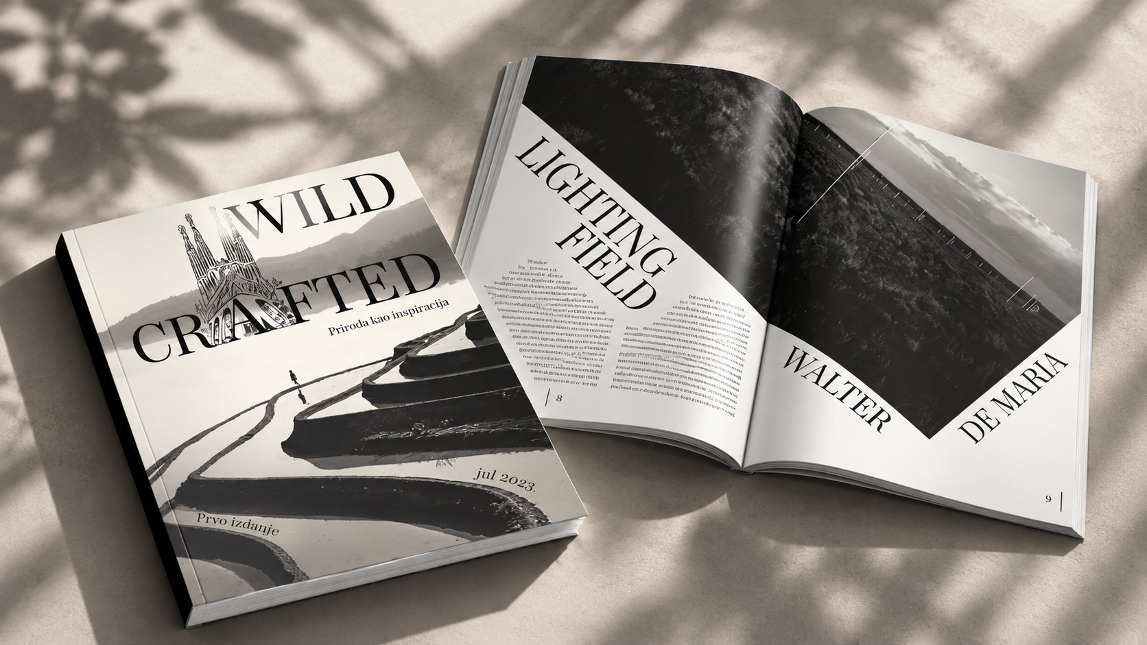 Wildcrafted magazine: the cover Priroda kao inspiracija next to an open spread on Walter De Maria's Lightning Field