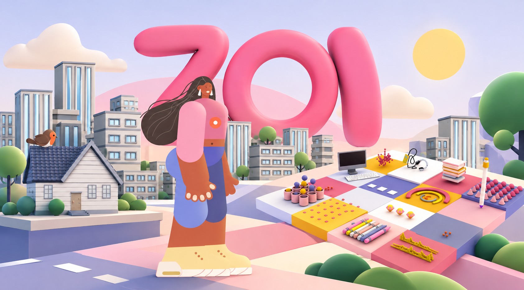 Colourful 3D scene with a character walking through a pastel city beside large pink ZOI letters